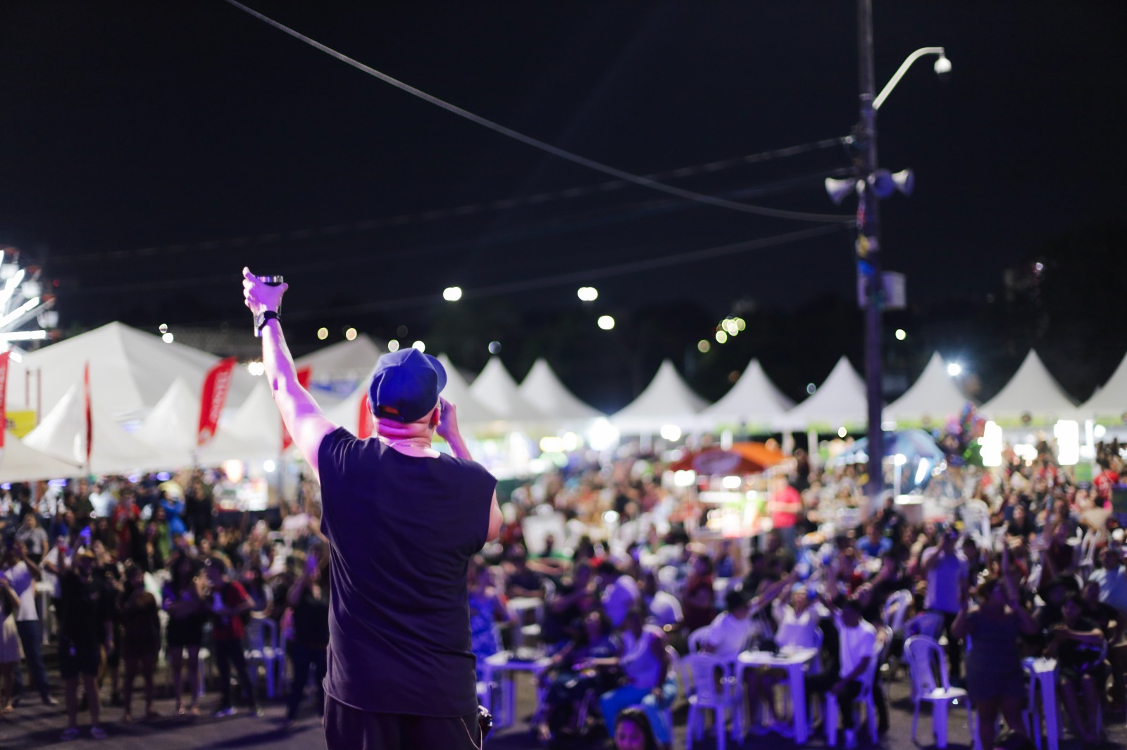 Artista no palco diante de uma multidão durante show da feira
